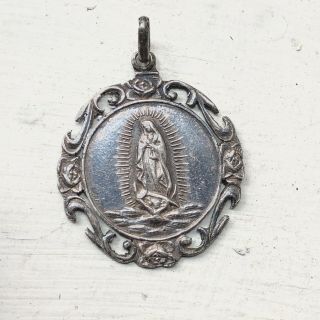 30s 40s Vintage Sterling Silver Our Lady Of Guadalupe Pendant Top Coin Antiqu