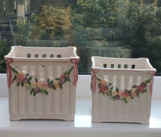 Vintage Pair St Michael Plant Pots Square 13&15 Cm.  Made In Portugal.  Handpainted