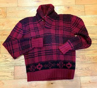 Vintage Polo Wool Hand Knit Sweater.  Buffalo Plaid Shawl Collar.  Size Small
