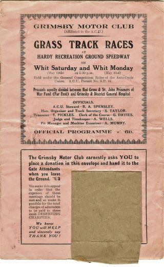 Vintage Grimsby M.  C.  Grass Track Programme @ Hardy Recreation Ground Speedway