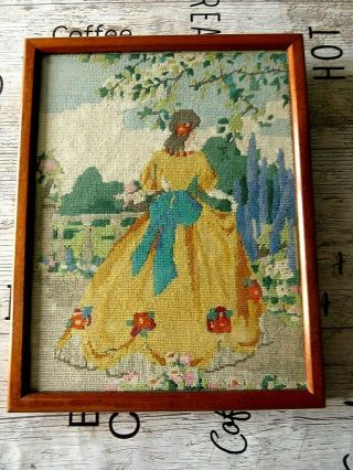 Vintage Hand Embroidered Tapestry Picture In Frame - Crinoline Lady