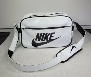 Vintage Nike Swoosh Patent Leather White Black Messenger Crossbody Gym Bag Rare