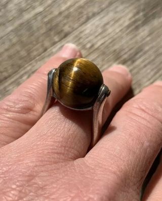 Vintage 1960s,  Bold,  Solid Sterling Silver & Tiger Eye Dress Ring.  Space Age.