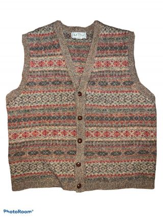 Ll Bean Men’s Vintage Brown Wool Sweater Vest Cardigan Button Size Large C21