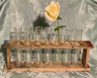 Vintage School Lab Wooden Test Tube Rack And Glass Test Tubes.
