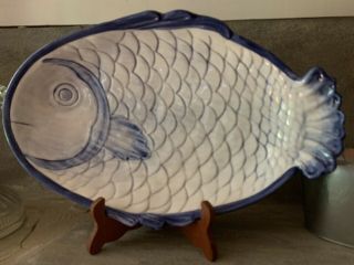 Vintage Italian Pottery Fish Shaped Serving Platter Blue And White