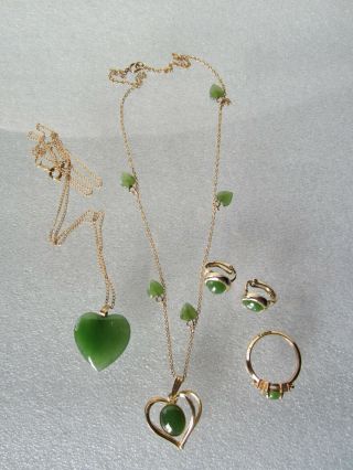 Vintage Avon Natural Jade Gold Tone Ring Earrings & Two Necklaces Set