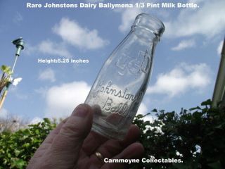Rare Vintage Johnstons Dairy Ballymena Co.  Antrim.  1/3 Pint Milk Bottle.  Ah8685
