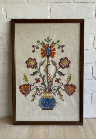 Vintage 1963 Crewel Embroidery On Linen Flowers Floral Framed 19 " X 13”