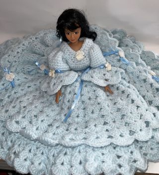 Bed Sitter Doll Vintage Yarn Blue Knit Roses Dark Skin Eyes Hair Stunning