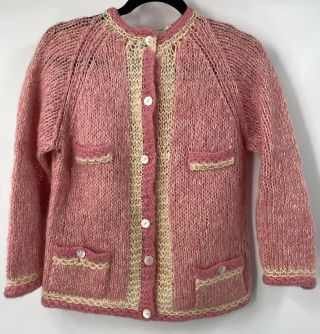 Vintage Made In Italy Mohair Wool Blend Cardigan Sweater Pink Ivory
