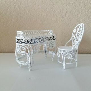 Vintage Dollhouse Miniatures Furniture White Metal Wicker Vanity With Chair