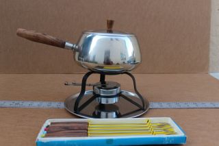 Cool Vintage Stainless Steel Fondue Pot & 6 Fork Set,  Mid Century Modern Design