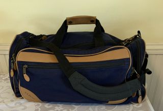 Ll Bean Blue Canvas And Leather Duffel Bag With Crossbody Strap 23 Inches Vtg?
