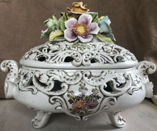 Vintage Italian Capodimonte Porcelain Centerpiece With Floral Lid Shabby Chic