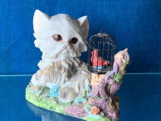 Vintage WHITE PERSIAN CAT kitten & the Temptation Cardinal In Bird Cage ❤️sj7m 3