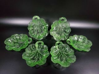 Vintage Indiana Glass Pebble Leaf Green Handled Cheese Plates X6 Uranium