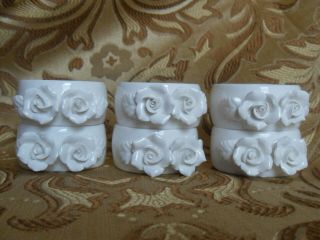 14 Vintage Porcelain Napkin Rings With Applied Roses & Leaves Bone China White