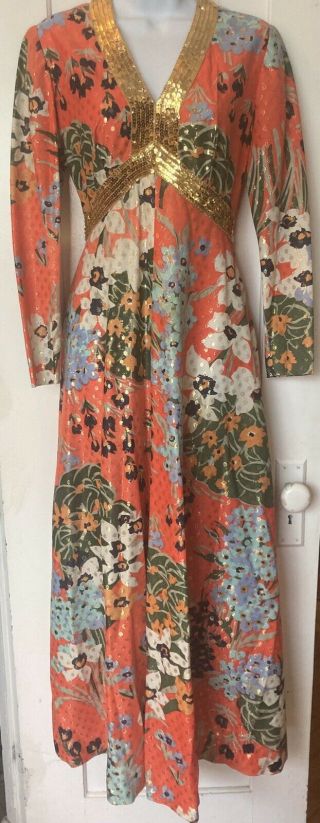 Vintage 1960s/70s Leslie Fay Floral Retro Print Gown W/gold Sequins