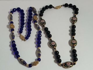 2 Antique Cloisonne Necklaces - 18 In - Asian - Beaded - Onyx - Blue Crystal - Gold Filled