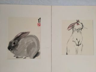 Vintage Da Wei Kwo Art Prints Set Of 2 Rabbits/hares " Puff " And " Daffy "