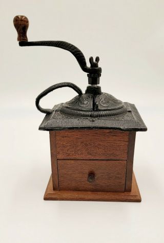 Vintage Antique Cast Iron Coffee Grinder With Wooden Box In