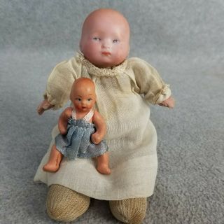 6 " Antique Bisque Head Cloth German A.  M.  Marseille Baby Doll & Small Bisque Doll