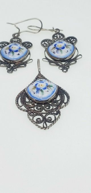Antique 835 SILVER Meissen Porcelain Hand - Painted Filagree Pendant Earrings Set 3