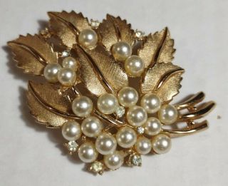 Crown Trifari Gold Tone Pearl & Crystal Leaves Brooch Triple Vintage Signed