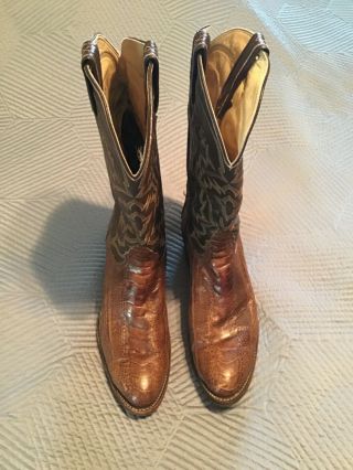 Vtg.  Old Black Tag Tony Lama Brown Exotic Leather Cowboy Boots Sz 10 1/2 B Usa