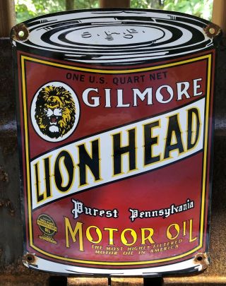 Vintage Gilmore Lion Head Motor Oil Can Purest Pennsylvania Porcelain Sign