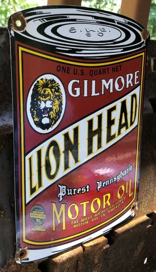 VINTAGE GILMORE LION HEAD MOTOR OIL CAN PUREST PENNSYLVANIA PORCELAIN SIGN 2