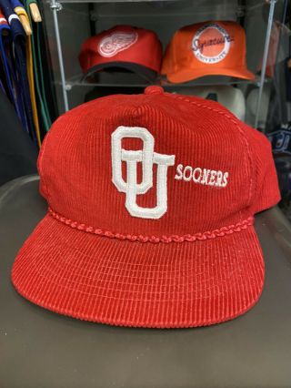 Vintage 90s Oklahoma Sooners Corduroy Cord Embroidered Hat Snapback Made In Usa