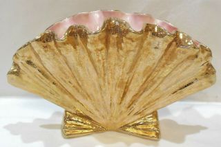 Vintage Camark Pottery Large Clam Shell Fan Vase 24k Crackle Gold & Pink
