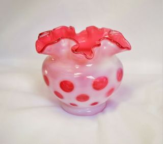 Vintage Fenton Glass Vase Cranberry Red Pink White Ruffled Coin Polka Dot Bowl
