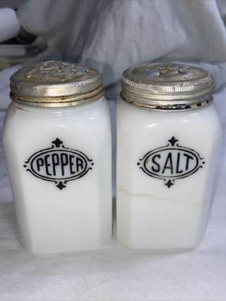 Vintage Anchor Hocking Salt,  Pepper Shakers Milk Glass Large - Restaurant? 5”
