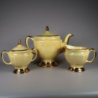 Vintage Cg Usa Warranted Yellow Lustreware 22 Kt Gold Teapot Creamer Sugar Set