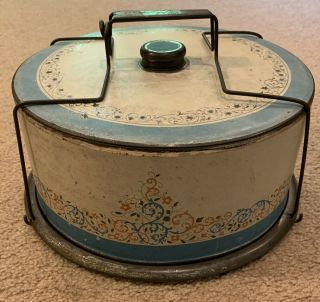 Antique Vintage Shabby Blue Tin Metal Cake Carrier Keeper Locking Handle