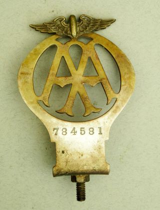 Vintage Pre - 1930 Brass Aa Badge - Number 784581