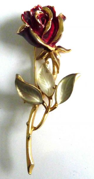 A Vintage 1950s Gold Tone Flower Brooch With Red Enamel & Frosted Glass Leaves