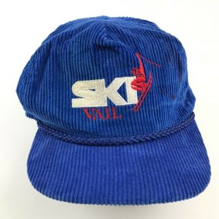 Vintage Vail Ski Hat Cap Corduroy Trucker Blue Strapback Embroidered Men 80s Usa