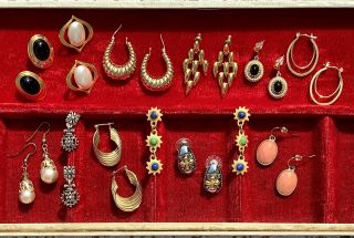 12 Vintage Post Gold Tone Earrings Enamel Faux Pearl Dangle Premier Napier Avon