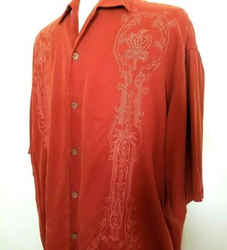 Vintage Tommy Bahama Embroidered Silk Camp Shirt Size Large Rust Color