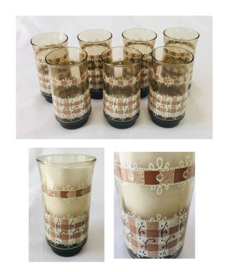 Vintage Libbey Drinking Glass Tumblers 16 Oz.  Brown Gingham Lace Eyelet 7 - Pc Set