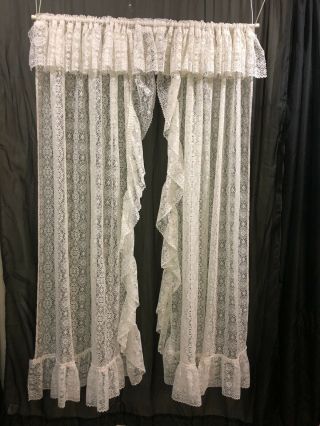 Vintage Ivory Lace Curtain Panels (2 Pair) 46 " X 62 " One Side & Top Ruffled