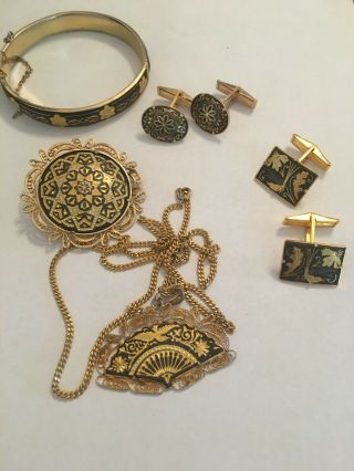 Vintage Spanish Damascene Brooch Necklace Bracelet Cufflinks Set Of 5