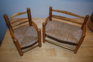 Vintage Wood And Wicker Doll Chair And Bench Set