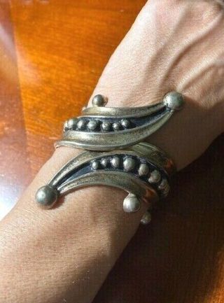 Vintage Mexico Silver Hinged Cuff Bracelet - Alpaca/Hecho En - Heavy Patina 2