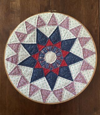 Vintage Hand Stitched Patchwork Quilt In 14’’ Wood Embroidery Hoop Red Blue Star