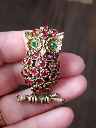 Vintage Gold Toned Red Glass Owl Brooch Green Eyes